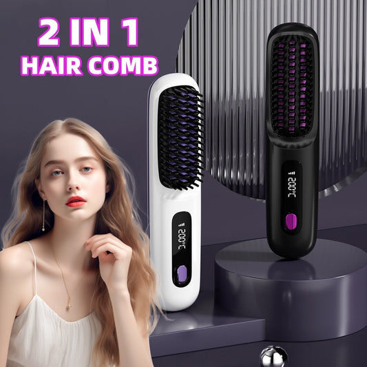 2-in-1 Wireless Hair Straightener & Curler Brush